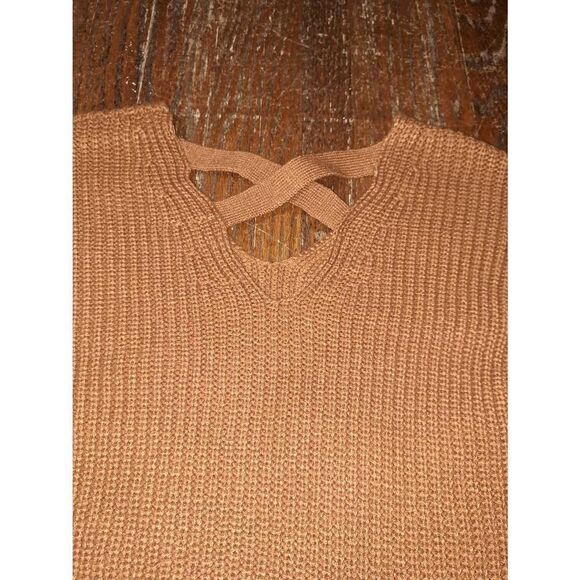 Small Pink Rose Brown Long Sleeve Criss Cross Back Loose Knit Pullover Sweater - Picture 5 of 5